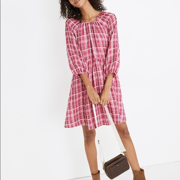 Madewell Pink Plaid Shirred Babydoll Minidress - Picture 11 of 11